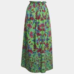 Pre Owned Givenchy Green Floral Printed Cotton Elastic Waist Midi Skirt L