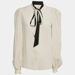 Givenchy Off- White Silk Chiffon Contrast Neck Tie Detail Shirt M