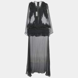 Pre Owned Givenchy Black Frill & Zipper Detail Silk Sheer Maxi Dress L