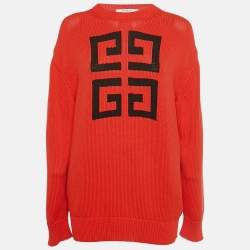 Pre Owned Givenchy Red Logo Intarsia Rin Knit Oversized Sweater XS