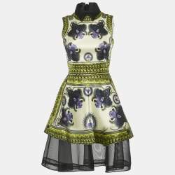 Pre Owned Givenchy Yellow Panther Print Satin Tulle Trim Short Dress S