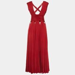 مملوكة مسبقًا Givenchy Red Leather Trim Jersey Pleated Cut-Out Gown M