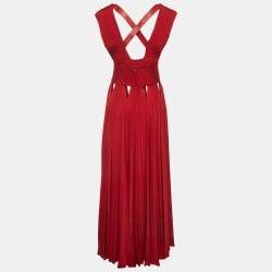 Pre Owned Givenchy Red Leather Trim Jersey Pleated Cut-Out Gown M