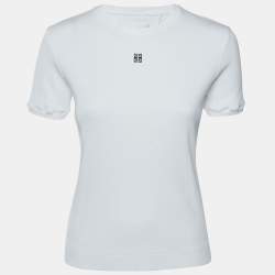 Pre Owned Givenchy White Rib Knit 4G Logo Plaque Short Sleeve T-Shirt S