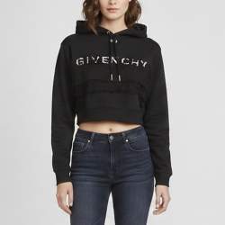 Pre Owned Givenchy Black Logo Embroidered Lace Trim Jersey Crop Hoodie S
