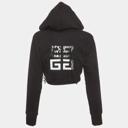 Pre Owned Givenchy Black Logo Embroidered Lace Trim Jersey Crop Hoodie S