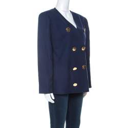 Givenchy Dark Blue Linen Padded Shoulder Double Breasted Jacket L 