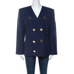 Givenchy Dark Blue Linen Padded Shoulder Double Breasted Jacket L 