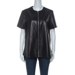 Givenchy Black Lambskin Zip Front Short Sleeve Top L