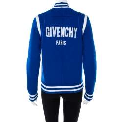 Pre Owned Givenchy Blue Wool Knit Logo Embroidered Bomber Jacket XS