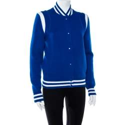 Pre Owned Givenchy Blue Wool Knit Logo Embroidered Bomber Jacket XS