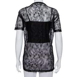 Givenchy Black Lace Favelas Applique Detail Short Sleeve Sheer Top S