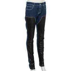 Pre Owned Givenchy Navy Blue Denim Leather Paneled Tapered Leg Jeans M