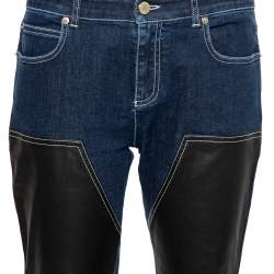 Pre Owned Givenchy Navy Blue Denim Leather Paneled Tapered Leg Jeans M