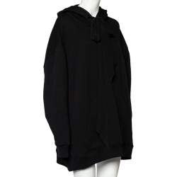 Pre Owned Givenchy Black Cotton Logo Printed Silk Tie Detail Oversized Hooded Sweater Dress XS