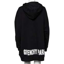 Pre Owned Givenchy Black Cotton Logo Printed Silk Tie Detail Oversized Hooded Sweater Dress XS