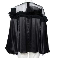 Givenchy Black Silk & Mesh Paneled Plisse Trimmed Blouse M