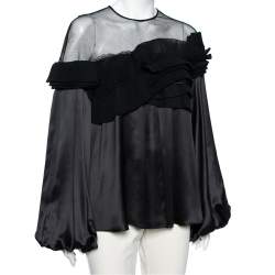 Givenchy Black Silk & Mesh Paneled Plisse Trimmed Blouse M
