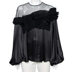 Givenchy Black Silk & Mesh Paneled Plisse Trimmed Blouse M