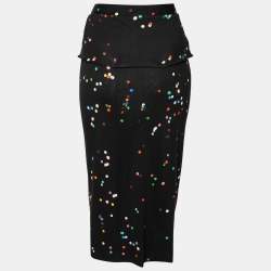 Pre Owned Givenchy Black Confetti Polka Dot Printed Silk Jersey Draped Skirt M