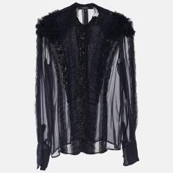 Pre Owned Givenchy Black Silk Mesh Ruffled & Embellished Sheer Blouse M