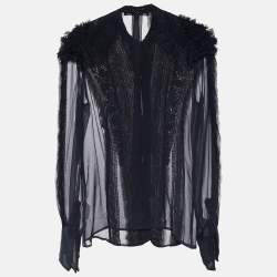 Pre Owned Givenchy Black Silk Mesh Ruffled & Embellished Sheer Blouse M