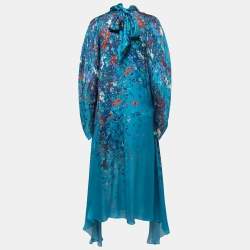 Givenchy Blue Floral Printed Chiffon Silk Tie Neck Maxi Dress S
