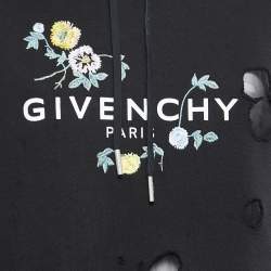 Pre Owned Givenchy Black Flower Embroidered Distressed Cotton Logo Print Hoodie XS