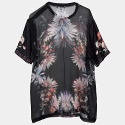 Givenchy Black Floral Printed Silk Chiffon & Satin Sleeve Detail Sheer Top M