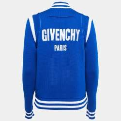 Pre Owned Givenchy Blue Wool Knit Logo Embroidered Bomber Jacket XS