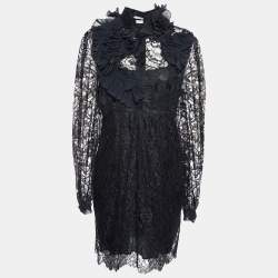 Givenchy Black Lace Ruffle Applique Detail Midi Dress L