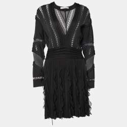 Pre Owned Givenchy Black Patterned Knit Ruffled Mini Dress L