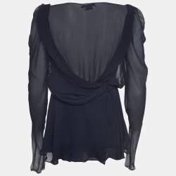 Givenchy Navy Blue Draped Silk Chiffon Long Sleeve Blouse M