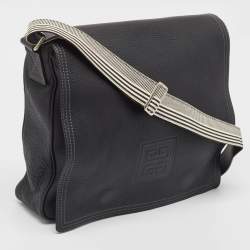 Givenchy Black Leather Logo Embossed Flap Messenger Bag