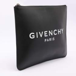 Pre Owned Givenchy Black Leather Logo Top Zip Pouch
