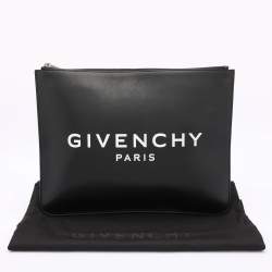 Pre Owned Givenchy Black Leather Logo Top Zip Pouch