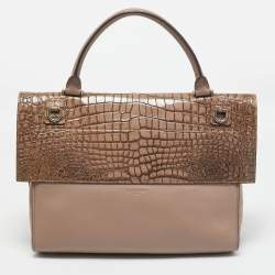 Givenchy Brown/Taupe Croc Embossed Leather and Suede Shark Lock Top Handle Bag