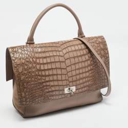 Givenchy Brown/Taupe Croc Embossed Leather and Suede Shark Lock Top Handle Bag