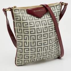 Pre Owned Givenchy White/Burgundy Signature Coated Canvas & Patent Leather Crossbody Bag