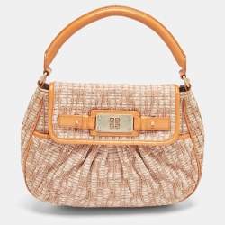 Pre Owned Givenchy Orange Logo Jacquard Fabric and Patent Leather Hobo