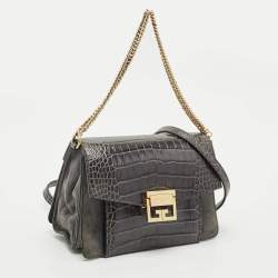 Givenchy Grey Croc Embossed Leather and Suede Small GV3 Shoulder Bag