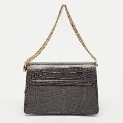 Givenchy Grey Croc Embossed Leather and Suede Small GV3 Shoulder Bag
