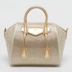 Pre Owned حقيبة توت جيفنشي أنتيغونا صغيرة بقفل ساتان وجلد مرصعة بالكريستال الذهبي