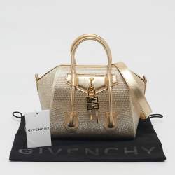 Pre Owned حقيبة توت جيفنشي أنتيغونا صغيرة بقفل ساتان وجلد مرصعة بالكريستال الذهبي