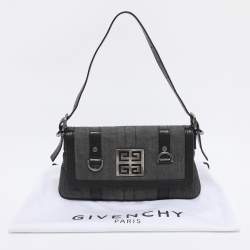 Pre Owned Givenchy Grey/Black Canvas and Croc Embossed Leather Flap Shoulder Bag  