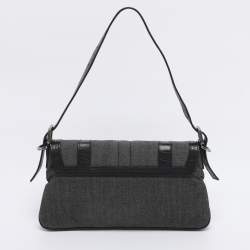 Pre Owned Givenchy Grey/Black Canvas and Croc Embossed Leather Flap Shoulder Bag  