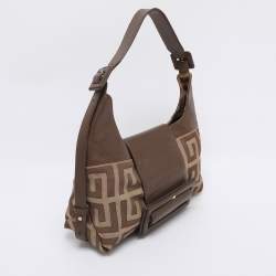 Pre Owned Givenchy Brown/Beige Monogram Canvas and Leather Buckle Flap Hobo