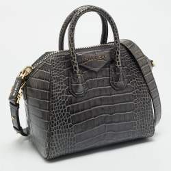 Pre Owned حقيبة ساتشل جيفنشي أنتيجونا جلد منقوش كروك رمادي داكن صغيرة