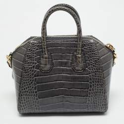 Pre Owned حقيبة ساتشل جيفنشي أنتيجونا جلد منقوش كروك رمادي داكن صغيرة