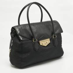 Pre Owned Givenchy Black Logo Jacquard Fabric and Leather Double Flap Satchel